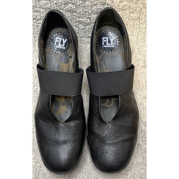 FLY London Black Leather Yale Shoes 41 US 10 Mary Janes Wedge - Picture 6 of 10